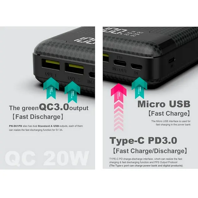 Портативний зовнішній акумулятор Pineng PN-861 20000 mAh Power Bank Чорний - фото 5