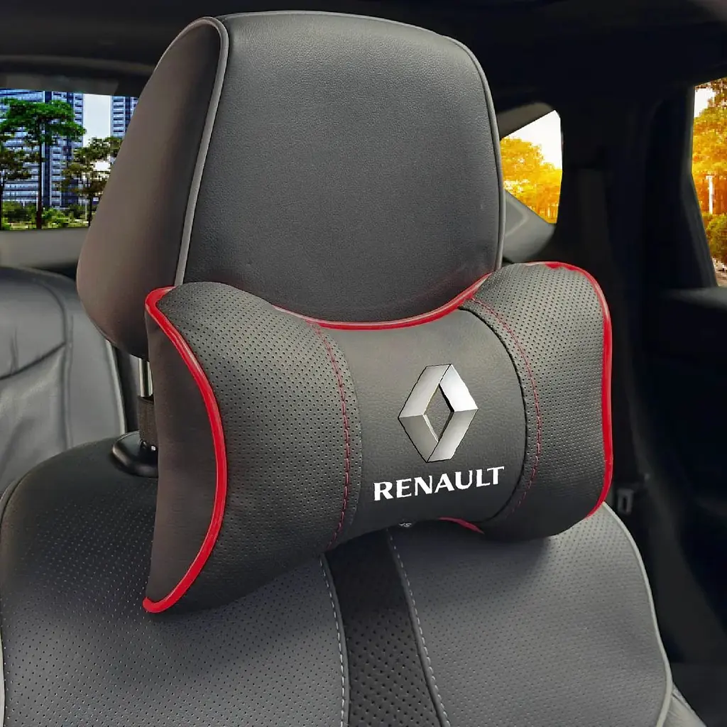 Подушка на підголівник з логотипом Renault Екошкіра 3D Кольоровий лого Чорний-Червоний кант 1 шт