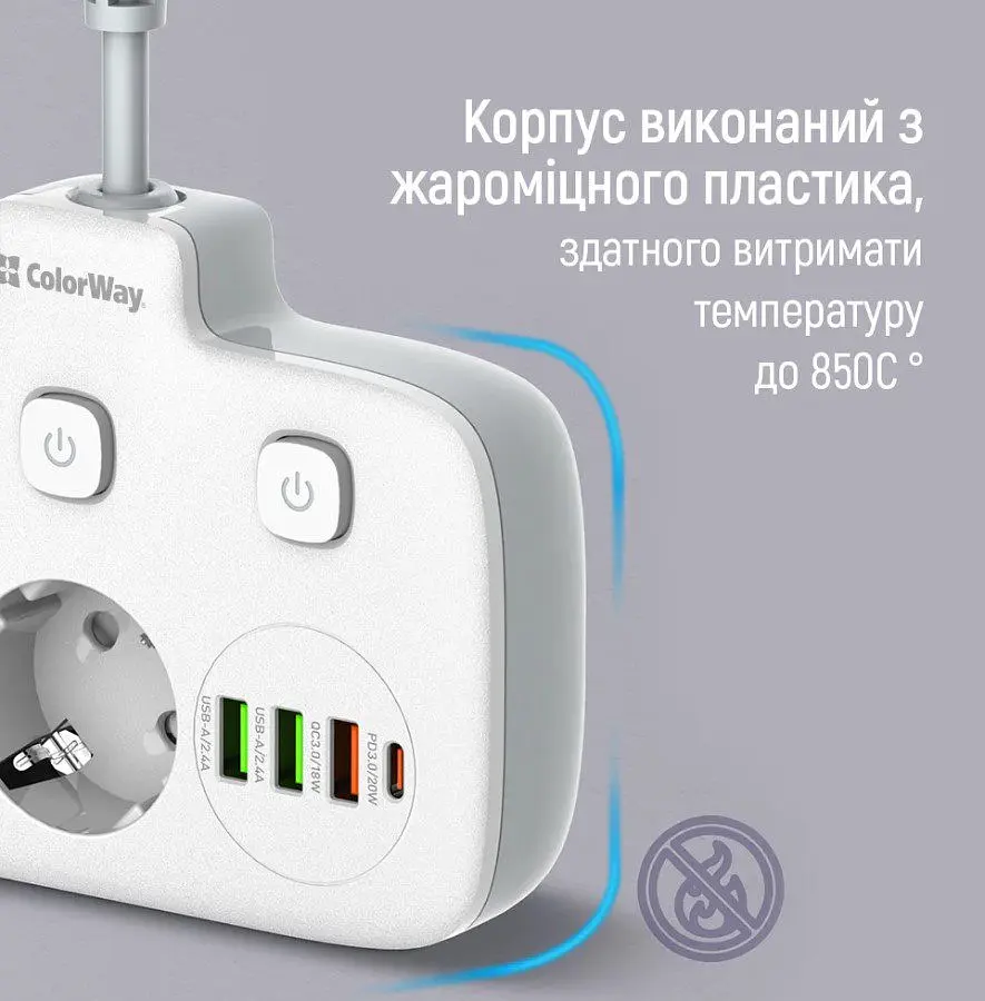 Мережевий фільтр-адаптер ColorWay CHE-24-PDW 20W, 2x220V, 3xUSB-A, 1xUSB-C - фото 4