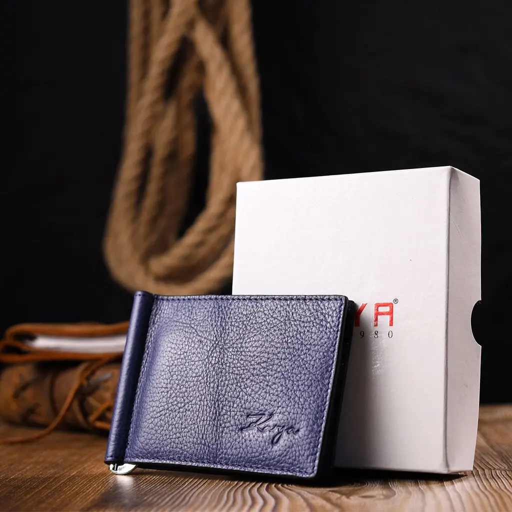 Відмінний чоловічий затискач із зернистої шкіри KARYA 21057 синій - фото 10