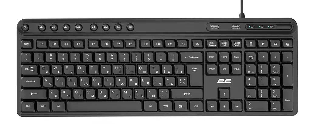 Клавіатура мембранна USB 2E KS-1100 Black, 104key, 2xUSB HUB, USB-A, EN/UK