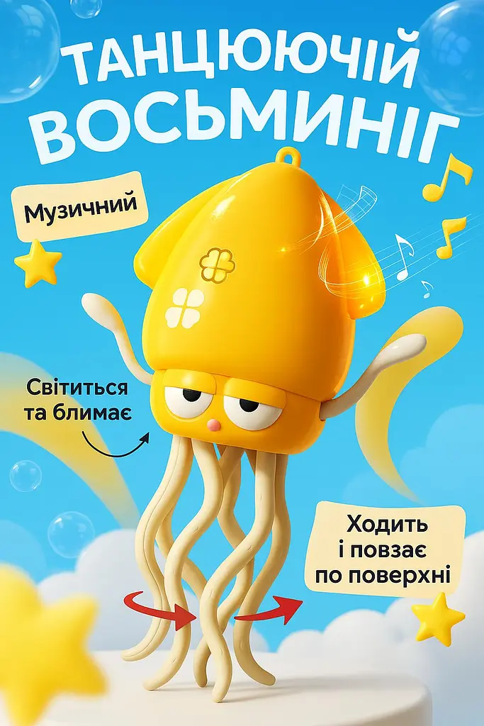 Дитяча іграшка восьминіг танцювальний інтерактивний кальмар, що бігає, обходить перешкоди музичний кальмарчик для дітей на акумуляторі жовтий (Calm-Yellow) - фото 6