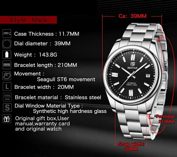 Годинник Benyar Automatic Leather Deluxe 10 BAR - фото 6