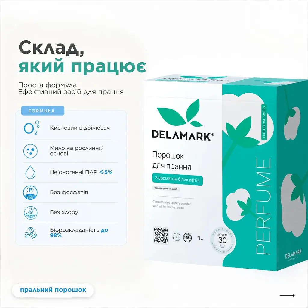 Концентрований безфосфатний пральний порошок DeLaMark Universal з ароматом білих квітів 1 кг (4820152330215) - фото 3