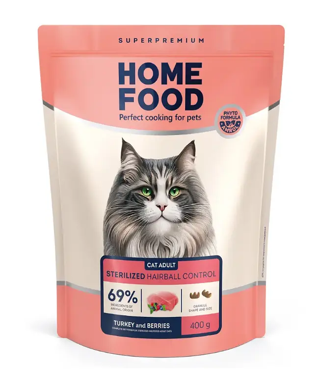 Сухий корм для стерилізованих котів Home Food Hairball Control з індичкою та ягодами, 400 г