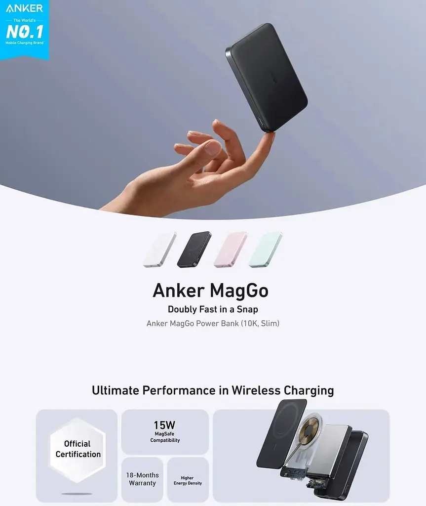 Павербанк Anker MagGo A1664 Ultra Slim магнитный с беспроводной зарядкой черный 10000 mAh - фото 4