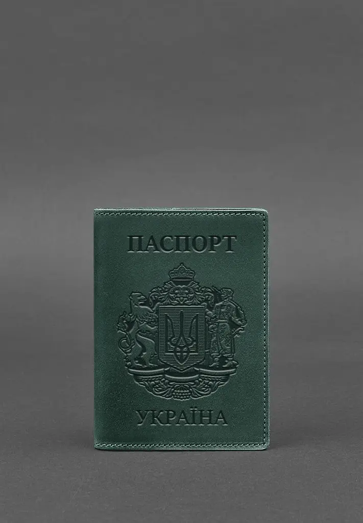 Шкіряна обкладинка для паспорта з українським гербом зелена - фото 6