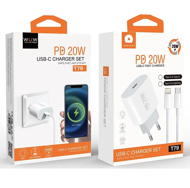 Мережевий зарядний пристрій з кабелем WUW-T79L PD 20W USB C charger with type c to type c cable - фото 2