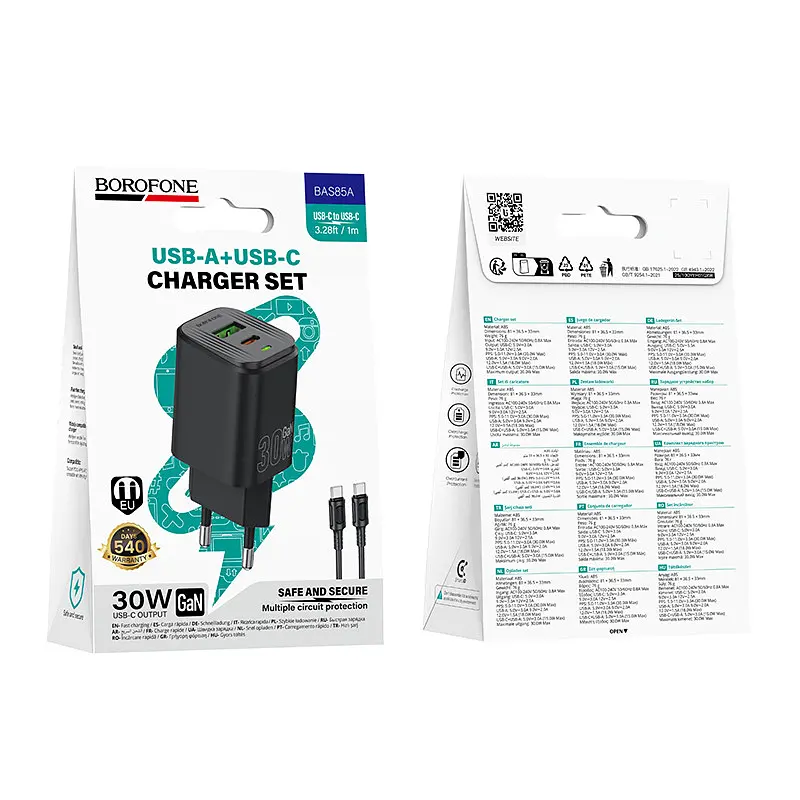 Мережевий зарядний пристрій BOROFONE BAS85A Star PD30W+QC3.0 charger set (C to C) (EU) Чорний - фото 2