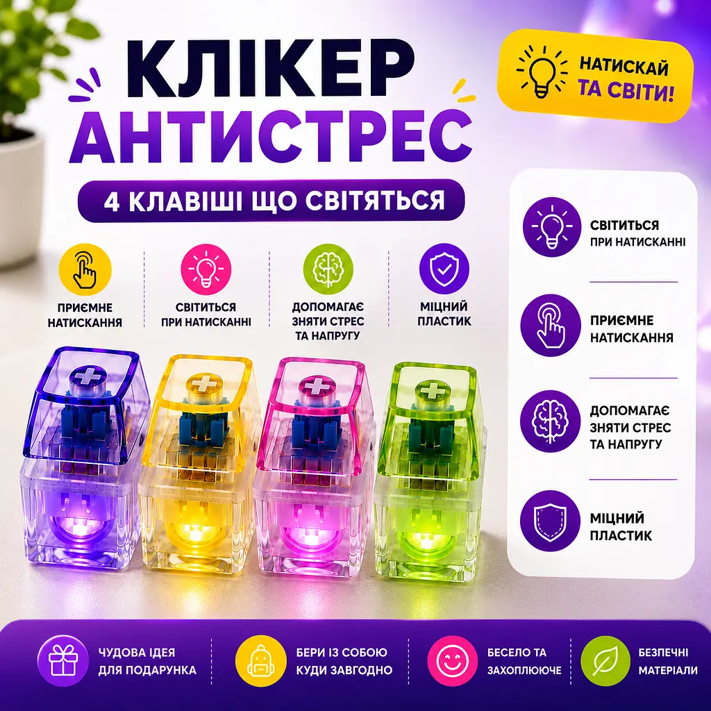 Антистрес клікер на 4 клавіші зі світлом, сенсорна іграшка для рук
