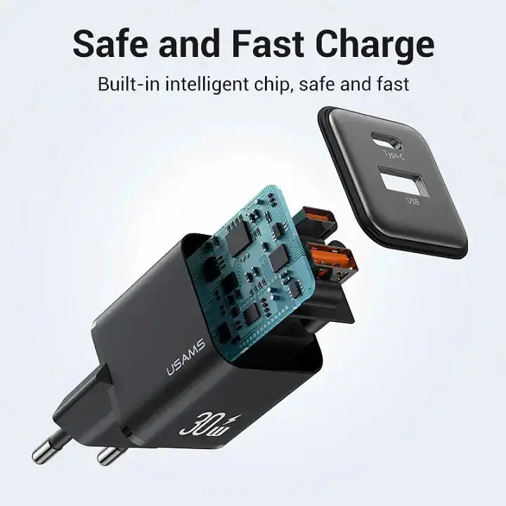 Мережевий зарядний пристрій Usams 30W Quick Charge 3.0 з швидкісною зарядкою (EU-вилка) Чорний (6958444904955) - фото 3