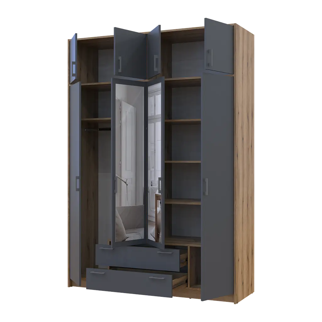 Шафа для одягу Doros Ронді з антресолей і дзеркалом Дуб Артизан/Графіт 4ДСП 160х52х236 (80737830) - фото 2
