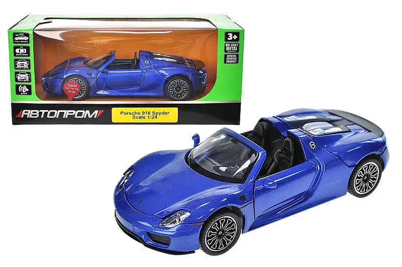Іграшкова легкова машинка Porsche 918 Spyder 1:24 Автопром світлозвукові ефекти металева 68243A, коробка 25х12, 5х10 см