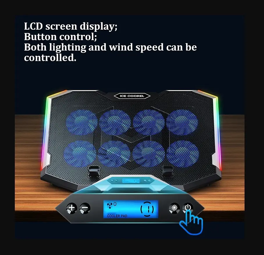 Охолоджувальна підставка для ноутбука до 17.3 дюймів Ice Coorel K-10 8xfans 2xUSB LCD RGB - фото 9