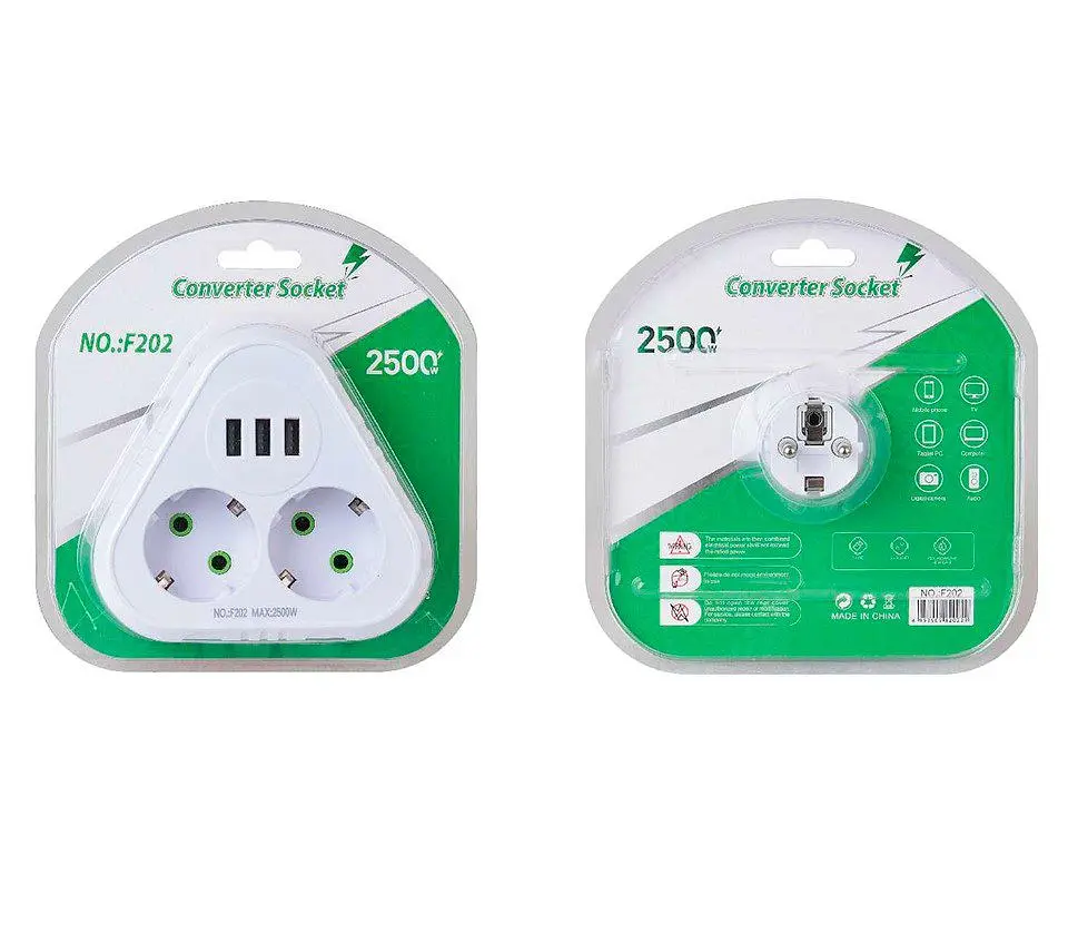 Розетка двойник с заземлением Voltronic F-202 White, 2 розетки+3USB (1А), 2500W, 10A, 110-250V - фото 2