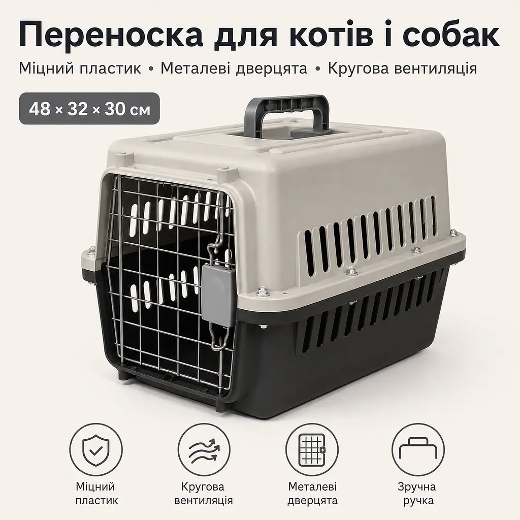 Переноска для котів і собак до 12 кг 48×32×30 - вентильована з комплектом (підвісна миска та пластикова підлога) KT8002001 - фото 2
