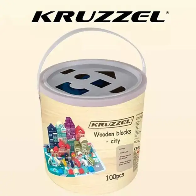 Дитячий дерев’яний конструктор Kruzzel 19159, 100 деталей, міський набір з пазлом, машинками та фігурками, у відрі - фото 5