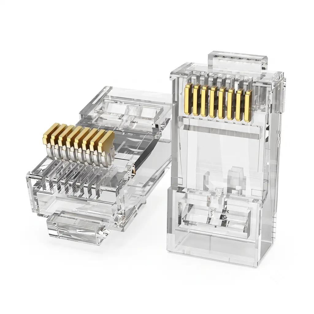 Модульные штекеры RJ45 для сетевого кабеля Vention 50 шт. Cat.6A UTP для одножильного и многожильного провода 23–26 AWG с диаметром отверстия для провода 1,5 мм непроходные с отдельной направляющей-вставкой для жил позолоченные контакты прозрачные корпуса (IDGR0-50)