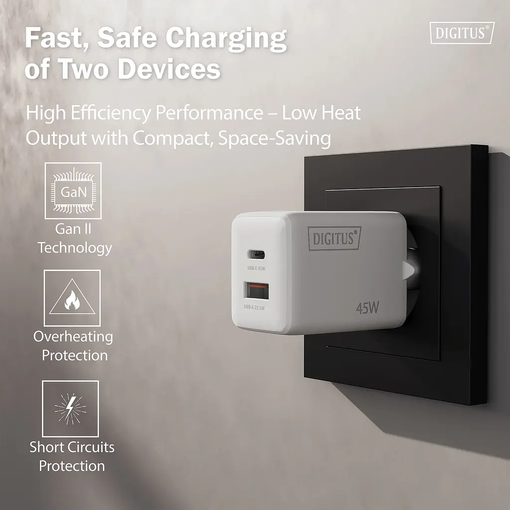 Digitus Зарядний пристрій GaN 1хUSB-C, 1хUSB-A, 45W - фото 4