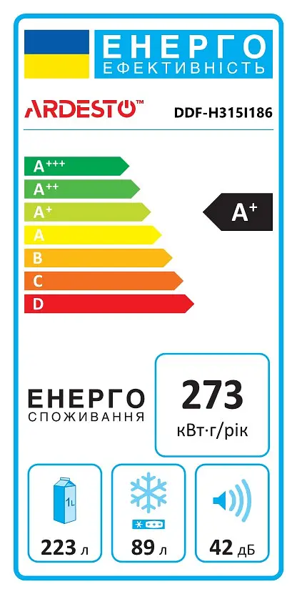 Холодильник Ardesto 185x60х59.5 холодильное отделение 223 л морозильное отделение 89 л 2 дверь А+ ST нержавеющая сталь (DDF-H315I186) - фото 3