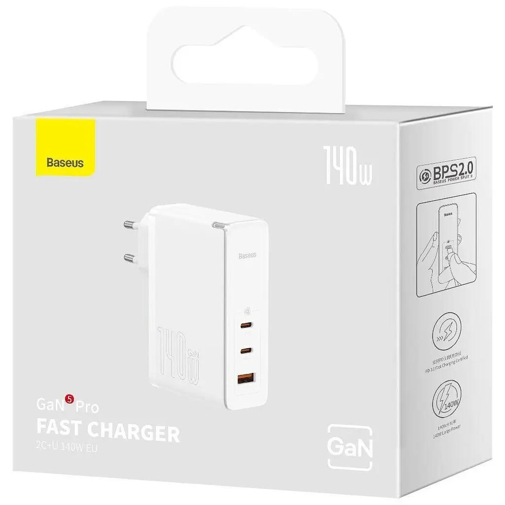 Мережевий зарядний пристрій Baseus GaN5 Pro Fast Charger 2C+U 140W EU Cable Type-C to Type-C 240W 1m CCGP100202 White - фото 4