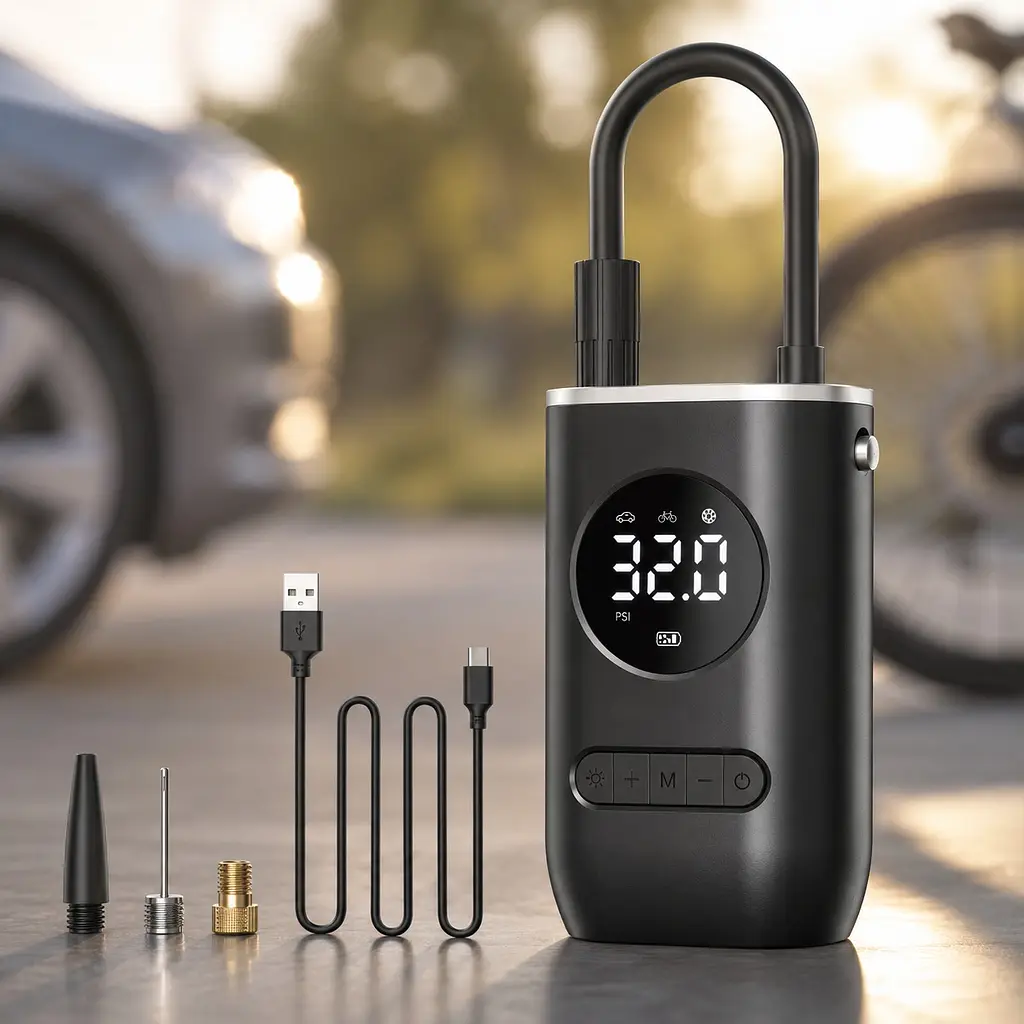 Компресор акумуляторний автомобільний 1193 із цифровим дисплеєм USB Type-C  4 насадки з ліхтариком  - фото 3