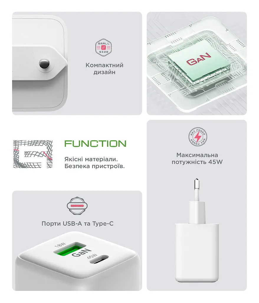 Зарядний пристрій AR372 GaN 45W White, 2 порти USB-C і USB-A, підтримка Power Delivery 3.0 і PPS, швидка зарядка для планшетів і смартфонів, ArmorStandart (ARM77550) - фото 7