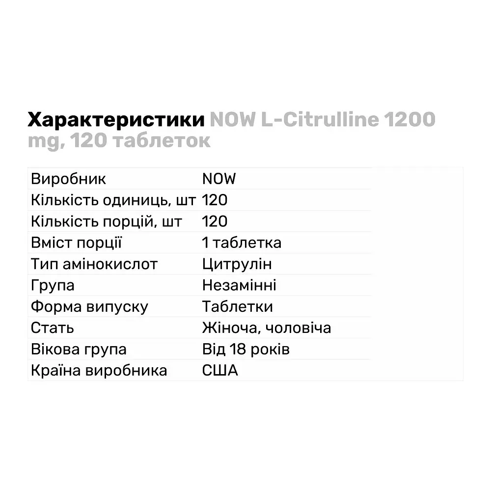 Амінокислота Now Sports L-Citrulline 1200 мг 120 таблеток - фото 3