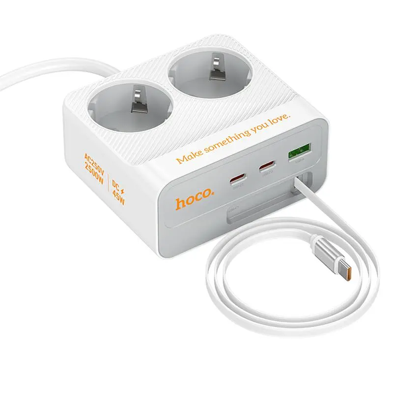 Подовжувач Hoco AC28 Descanso (PD45W/1C/3A/2xSocket) (2m) White - фото 3