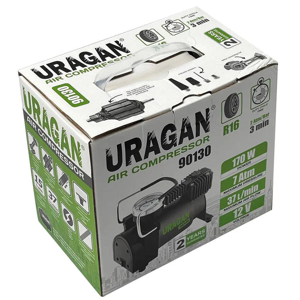Автомобільний компресор URAGAN 12v 14А 37л/хв 170Вт 1 м шланг (90130) - фото 6