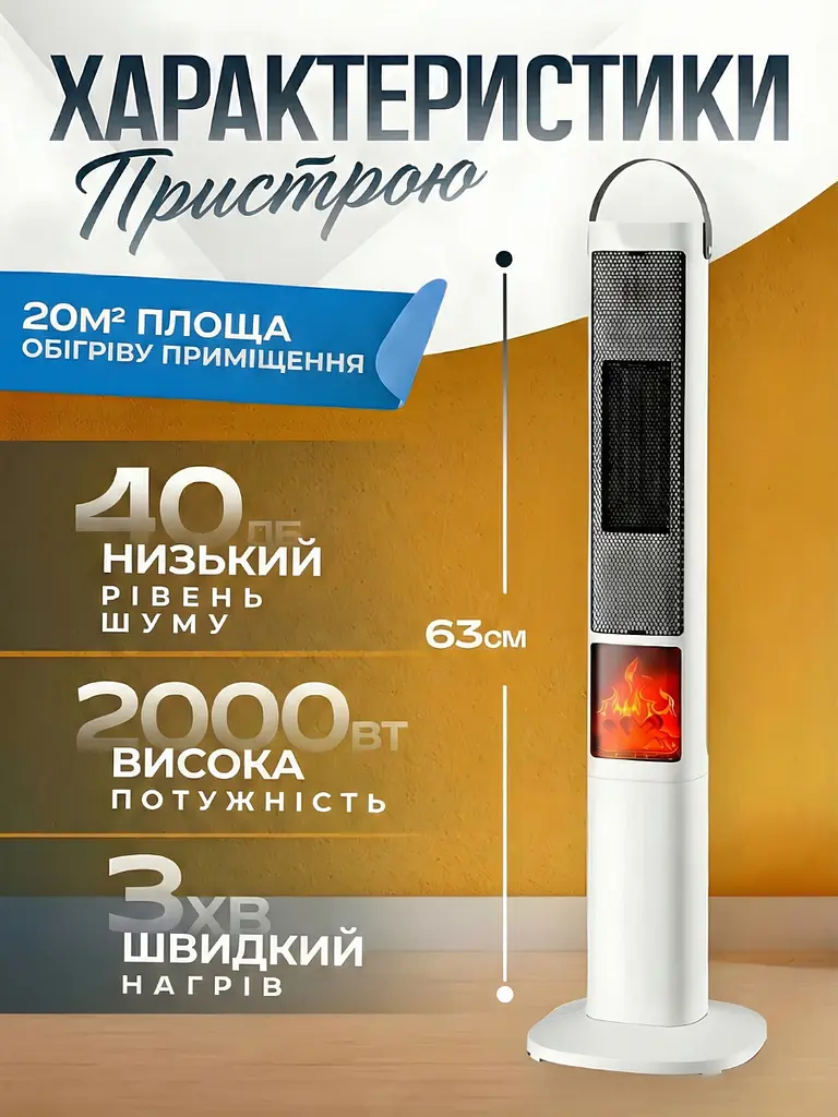 Тепловентилятор з авто-поворотом і нічником, 3 режими, Обігрівач-дуйка 2000W з імітацією каміна, Білий (3386509451) - фото 6