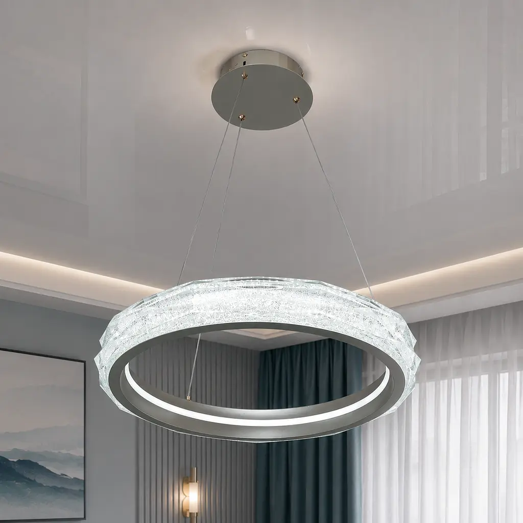 Підвісна LED-люстра для вітальні та спальні Diasha 583-500G з акриловим кільцем, пультом, 84 W, 50 см, 10-18m2