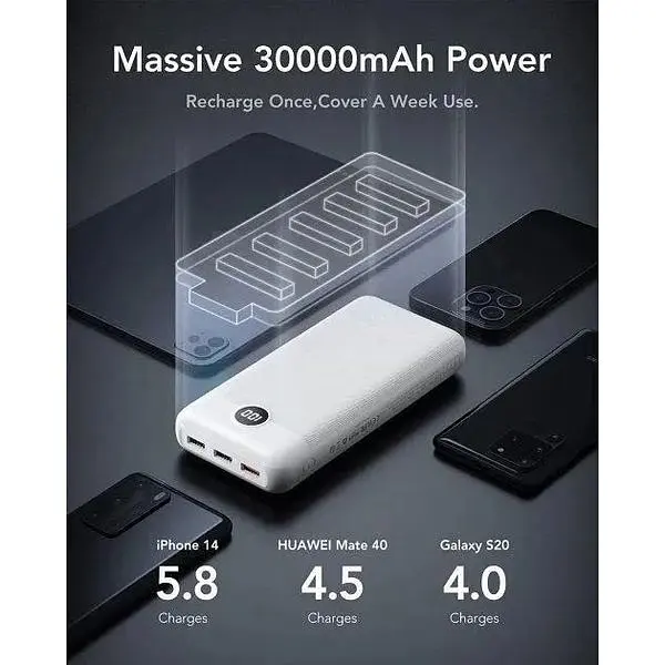 Портативное зарядное устройство Veger L30 30000mAh с дисплеем выход PD20W вход PD18W/QC18W белое - фото 5