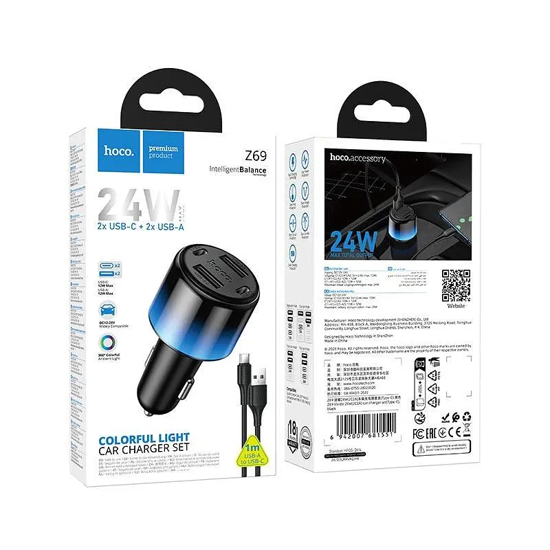 Адаптер автомобільний HOCO Type-C cable Vivido 24W car charger set Z69 2C/2A, 12W/2.4A - фото 2