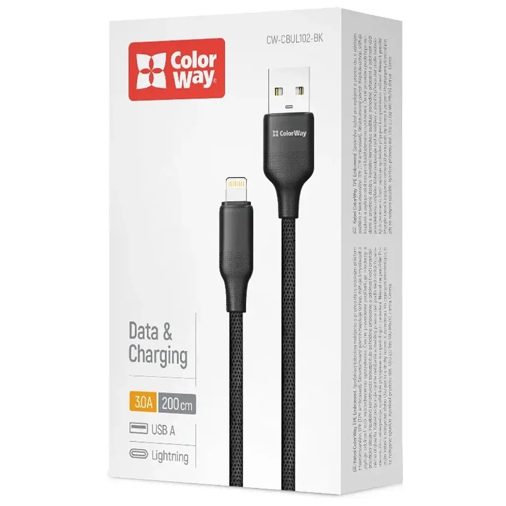 Дата кабель USB 2.0 AM to Lightning 2.0m 3A TPE embossed black ColorWay (CW-CBUL102-BK) - фото 4