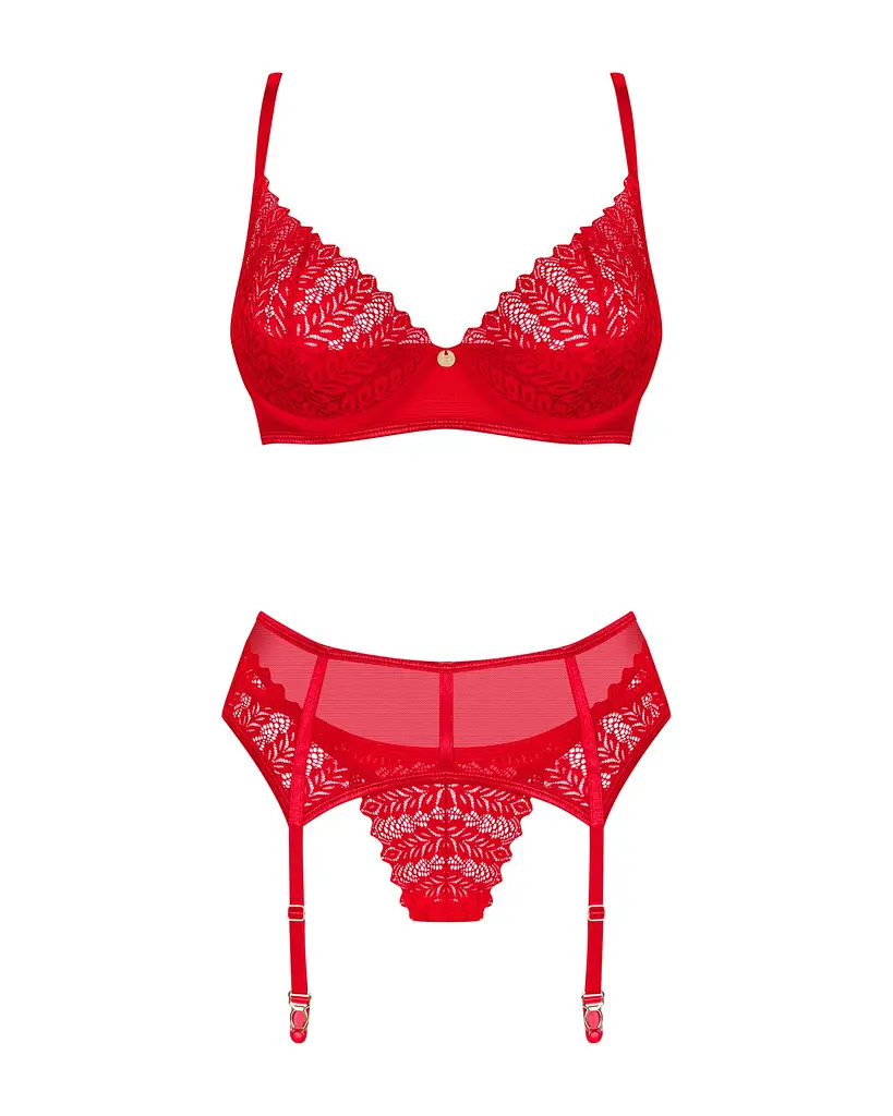 Комплект Obsessive Ingridia 3-pcs set XL/2XL, червоний, бюстгальтер, стрінги, пояс - фото 3