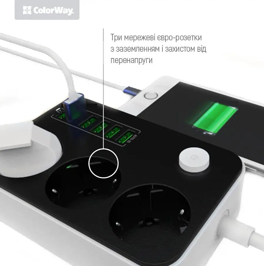 Мережевий фільтр-подовжувач ColorWay CHE-36B 17W, 3 розетки, 6xUSB, 1.8 м - фото 4