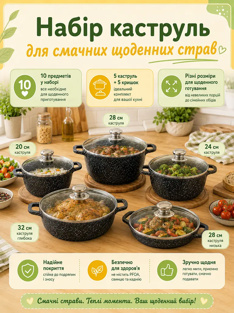 Набір посуду 10 предметів чорний з антипригарним покриттям, каструлі та сковорода для індукції (49675917) - фото 3