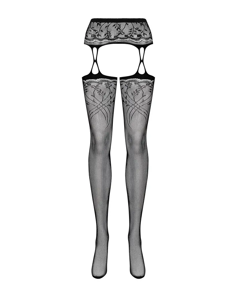 Панчохи-стокінги з рослинним малюнком Obsessive Garter stockings S206 black S/M/L чорні, імітація га - фото 5