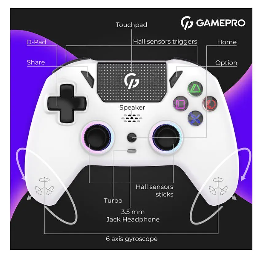 Геймпад Bluetooth джойстик GamePro GPS-13W Bluetooth 5.3/USB (PC/iOS/Android/PS3/PS4) DualShock RGB White - фото 11