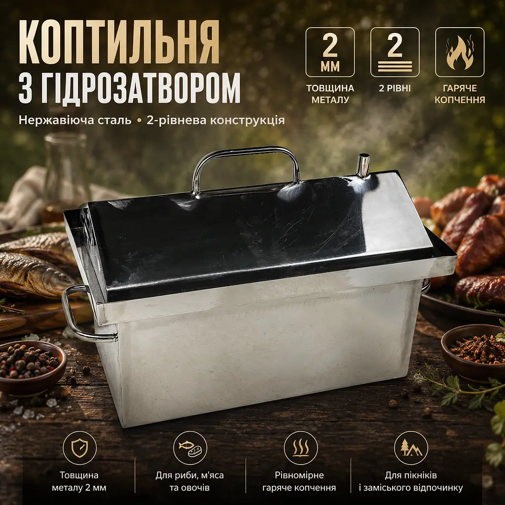 Коптильня гарячого копчення з нержавіючої сталі 2 мм з гідрозатвором 45х25х27 см - фото 2