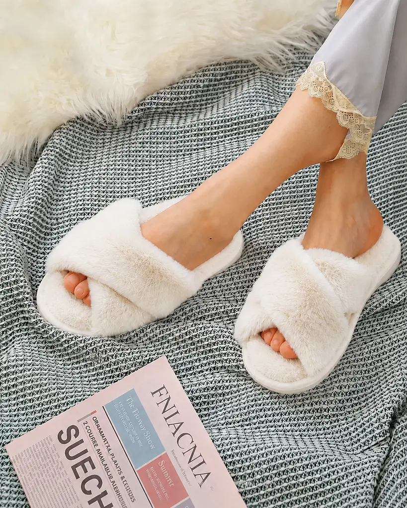 Женские домашние тапочки с мехом — тёплые, мягкие тапочки для дома с открытым носком 38–39, белые KT8003902 - фото 10