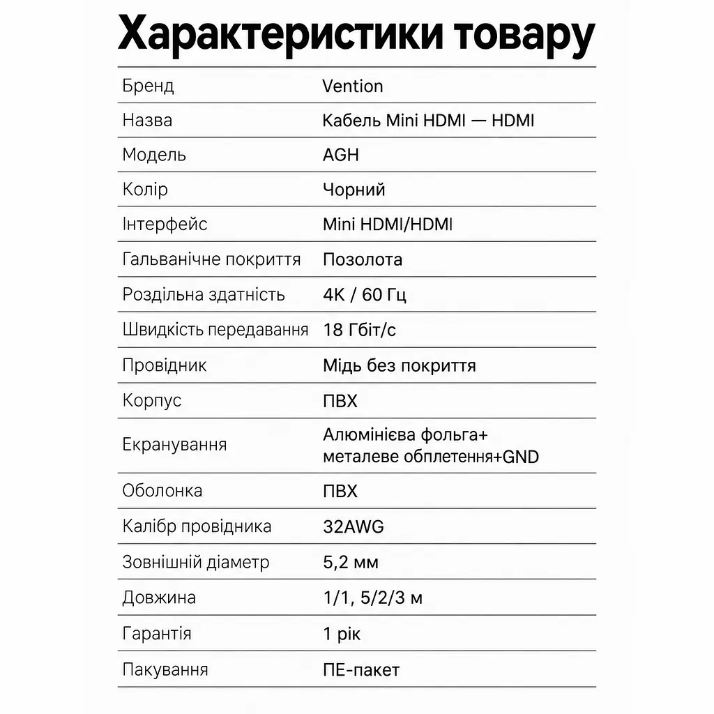 Відеокабель Vention AGHBI Mini HDMI - HDMI 4K 60 Гц 3 м чорний (AGHBI) - фото 7