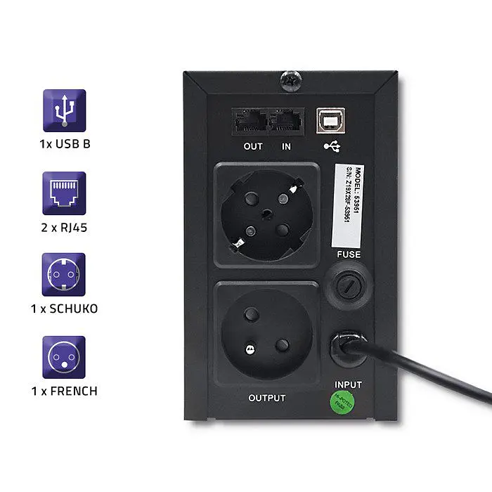 Источник бесперебойного питания с модифицированной синусоидой Qoltec QLT650 360W 600VA LED, AVR, RJ45, 2xSchuko, 1x12V 7Ah - фото 3