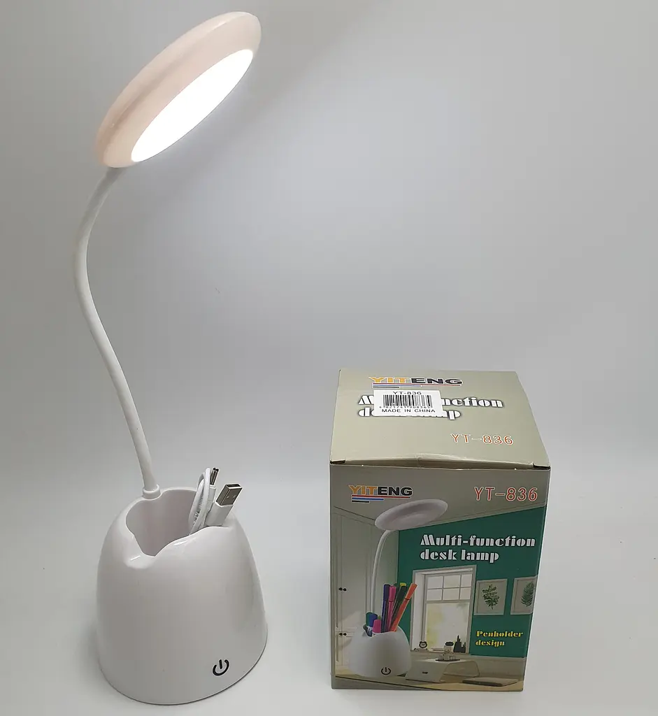 Настільна LED-лампа акумуляторна на гнучкій ніжці 30 см з органайзером та підставкою для телефону світильник Yiteng YT-836 біла - фото 3