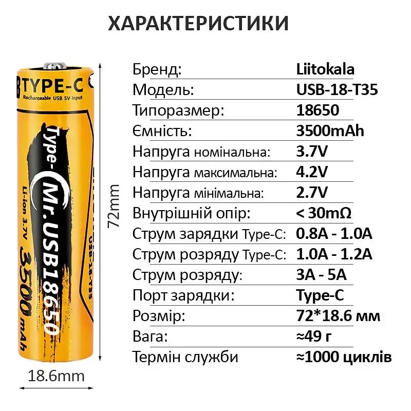 Акумулятор LiitoKala USB-T35-18650 3500mAh (Original) - фото 7