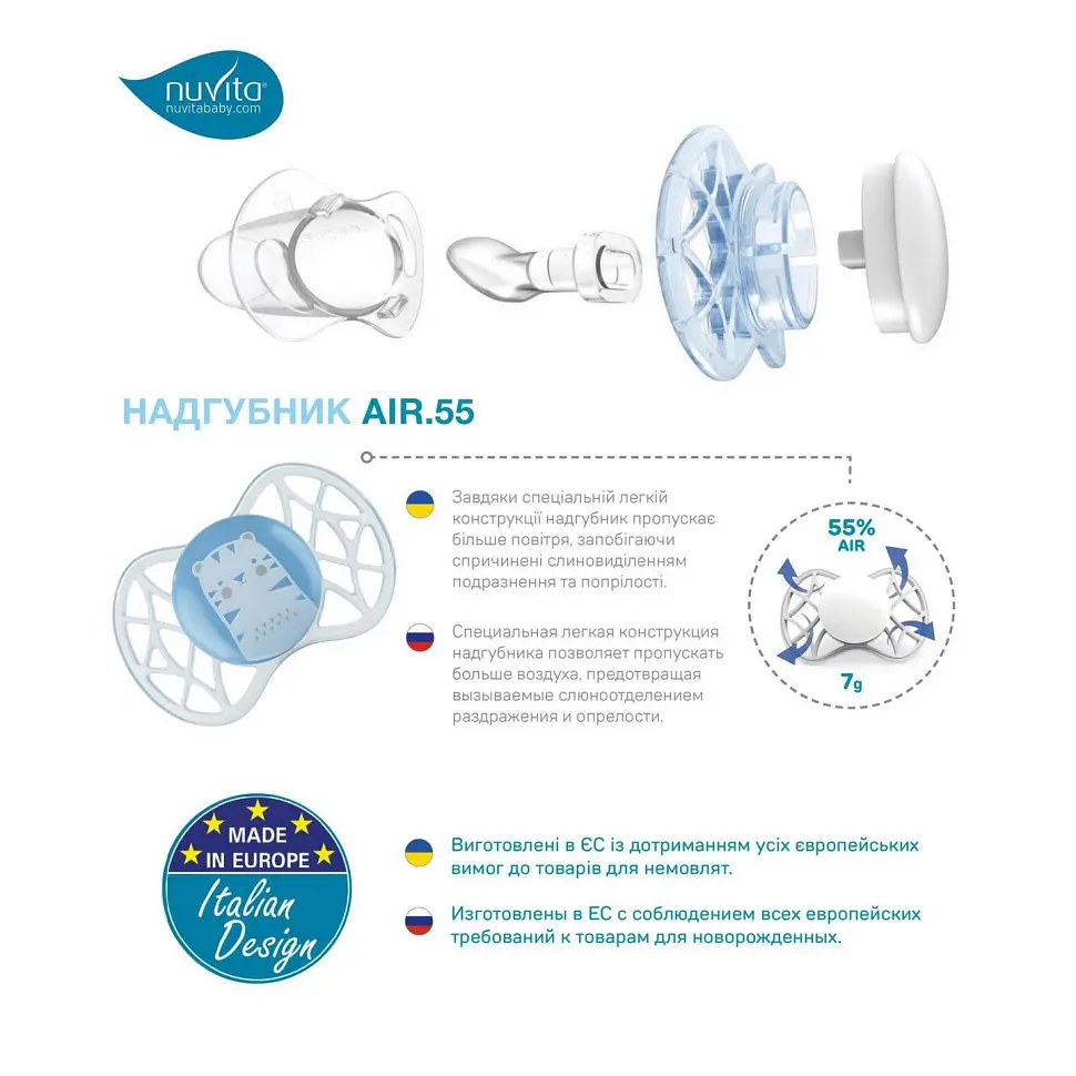 Пустышка Nuvita 7066 Air55 Explorer ортодонтическая 0m+ светящаяся в темноте (мишка жираф) 2 шт NV7066GM - фото 8