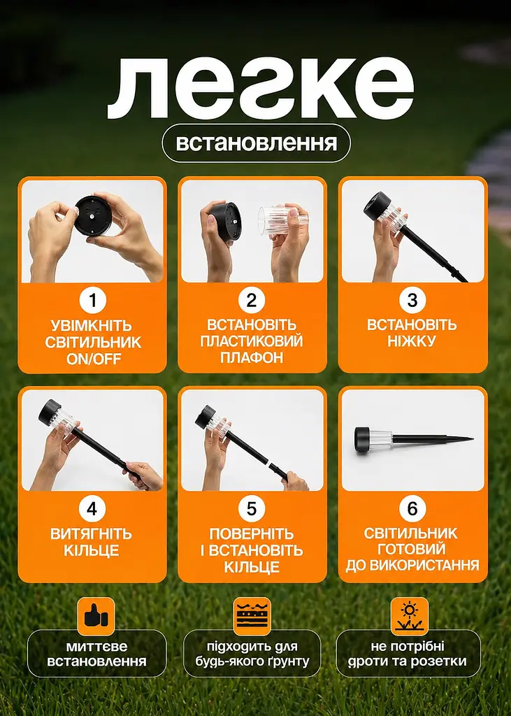 Садові світильники на сонячній батареї 6 шт пластикові біле світло 30 см (49675868) - фото 6