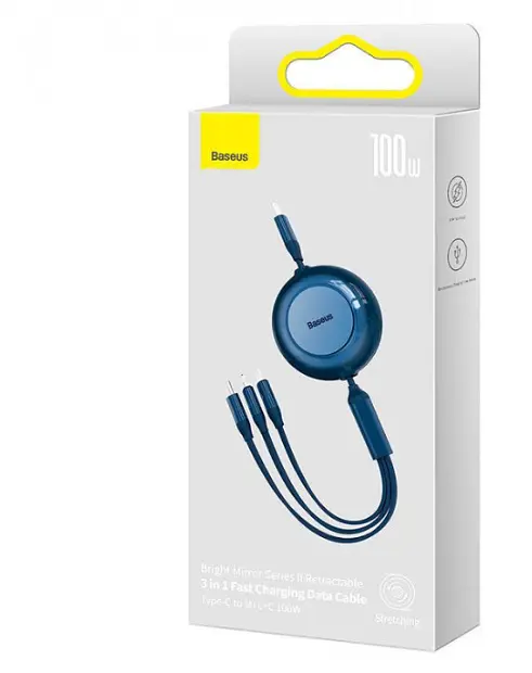 Кабель Baseus Bright Mirror 2 Series Retractable 3-in-1 Cable Type-C to MicroUSB+Lightning+Type-C 100W 1.1m CAMJ010203 Blue - фото 4