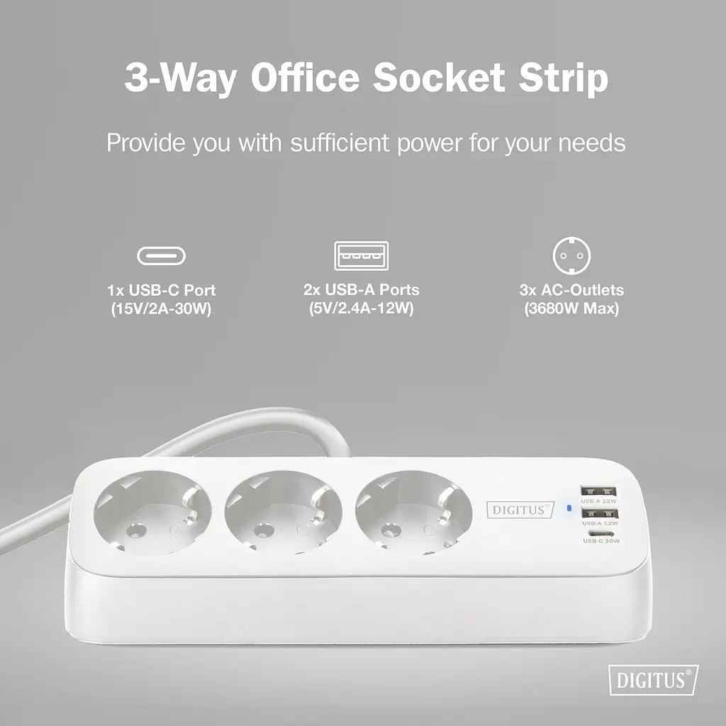 Digitus Блок розеток DIGITUS Office, 3xSchuko, 2xUSB-A, 1xUSB-C, 16A, 1.5м, вилка Schuko, білий - фото 5